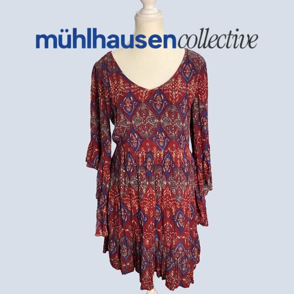 Patrons of Peace Dresses & Skirts - Boho Open Back Mini Dress | Red & Blue Print | Flowy Bell Sleeve |